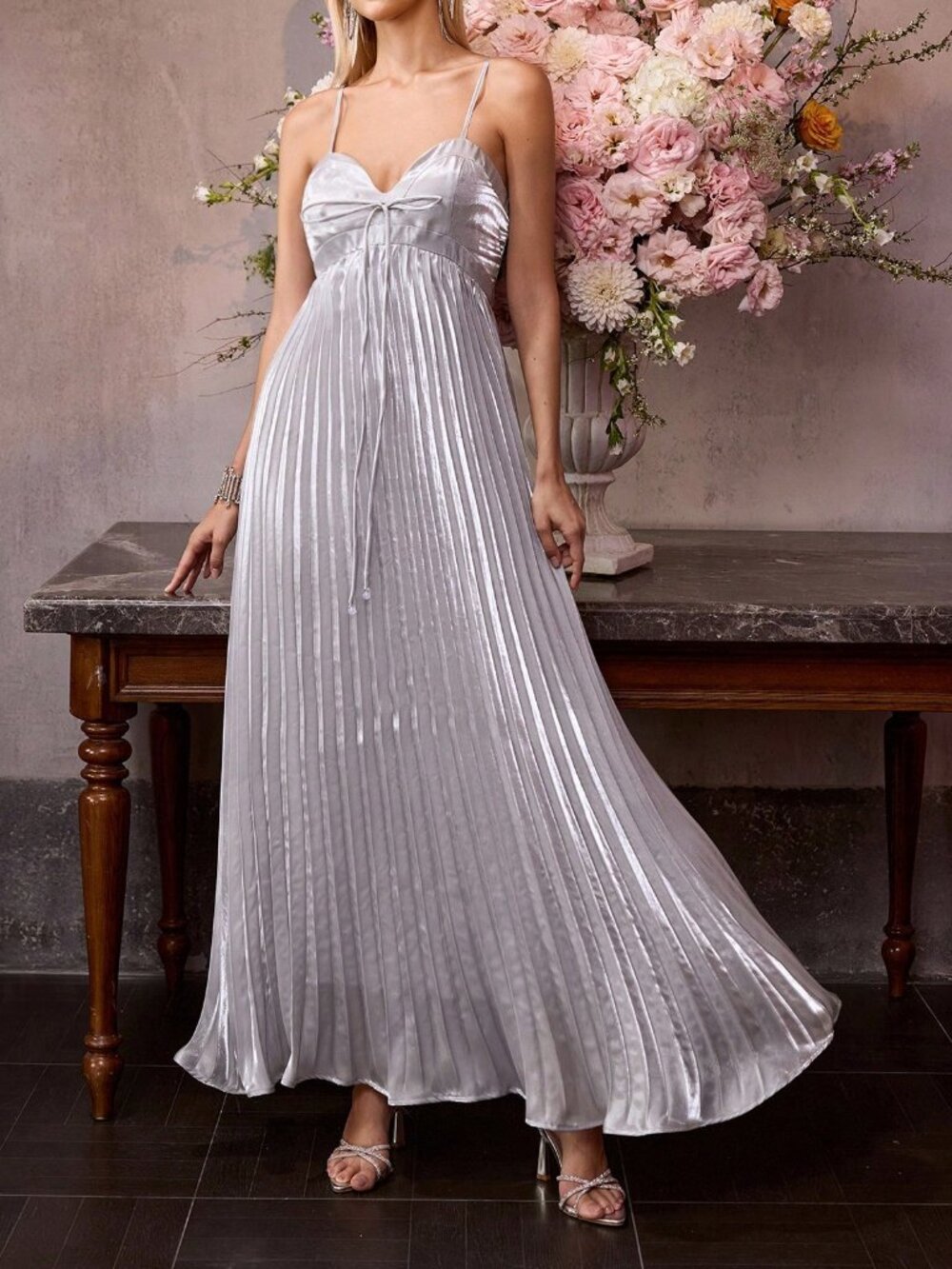 Silver Elegant Women's Premium Bow Bust Pleated Slip Maxi Dress - Picture 9 of 9